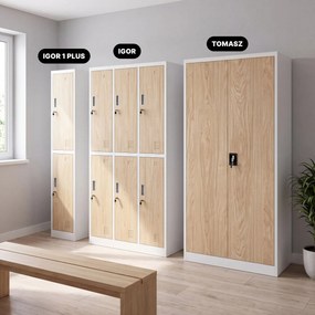 Šatníková skriňa BHP, zamestnanecká, jednotlivá, 2 priehradky s tyčou, biela/dub sonoma, 316,5x1850x450 mm: IGOR 1 Plus Eco Design