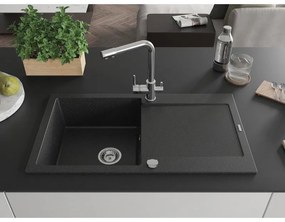 Mexen Leo, drez granitový 900x500x190 mm, 1-komorový a chrómová batéria Duero, čierna-strieborná metalíza, 6501-73-671600-00