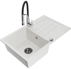 Mexen Bruno, 1-komorový granitový drez 795x495x200 mm a drezová batéria Aster, biela, 6513-20-73450-07-B