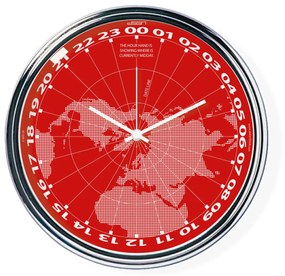 Červené hodiny s chodom 24h ukazujúce na mape, kde je práve poludnie | atelierDSGN