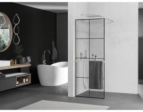 Mexen Kioto+, sprchová zástena Walk-In s poličkou a vešiakom 90 x 200 cm, 8mm číre sklo čierny vzor, brúsená oceľ profil, 800-090-121-97-77