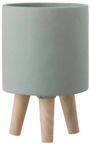 Šedý cementový kvetináč na drevených nôžkach - Ø16 * 24,5 cm
