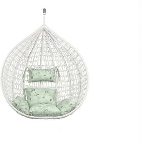 Biele závesné kreslo KOKON bez stojana, svetlozelený vankúš so vzorom