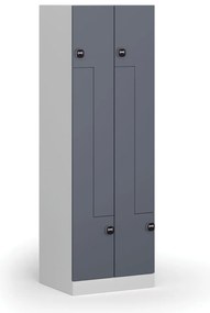 Kovová šatníková skrinka Z, 4 oddiely, 1850 x 600 x 500 mm, demont, zámok s čítačkou RFID kariet, tmavosivé dvere