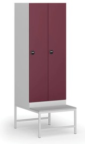 Šatníková skrinka s lavičkou, 2 oddiely, 1875 x 600 x 500/800 mm, demont, zámok s čítačkou RFID kariet, červené dvere