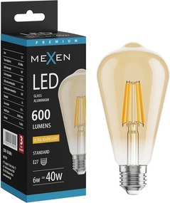 Mexen Vintis, LED filamentová žiarovka E27, ST64, 6 W, teplá biela 2200K, jantárová, L152-E27-0622-50
