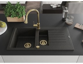 Mexen Matias, 1,5-komorový granitový drez 900x505x200 mm a drezová batéria Elia, čierna-zlatá metalíza, 6502-75-670101-50