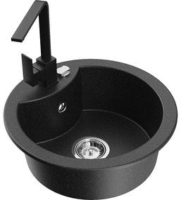 Mexen Diego, 1-komorový granitový drez 488x488x167 mm, chrómový sifón, čierna matná batéria Rita, čierna-strieborná metalíza, 6512-73-670300-70