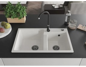 Mexen Tomas, granitový drez 800x500x190 mm, 2-komorový, biela s čiernym sifónom, 6516802000-20-B