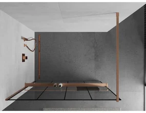 Mexen Kioto+, sprchová zástena Walk-In s poličkou a vešiakom 130 x 200 cm, 8mm číre sklo čierny vzor, medený matný profil, 800-130-121-65-77