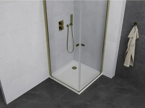Mexen Pretoria Duo, sprchovací kút s 2-krídlovými dverami 70 (dvere) x 70 (dvere) cm, 6mm číre sklo, zlatý profil + slim sprchová vanička 5cm biela so zlatým sifónom, 852-070-070-50-02-4010G