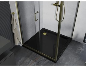 Mexen Apia, sprchový kút s posuvnými dverami 90 (dvere) x 90 (stena) cm, 6mm číre sklo, zlatý profil + čierna sprchová vanička SLIM, 840-090-090-50-00-4070G