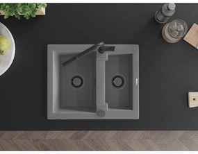 Mexen Carlos, 1,5-komorový granitový drez 582x475x177 mm a drezová batéria Flora, šedá, 6518-71-670401-70-B