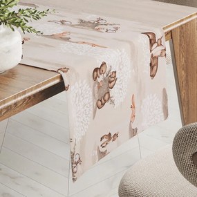 Biante Detský bavlnený behúň na stôl Sandra SA-698 Hnedé lesné zvieratká na béžovom 35x120 cm