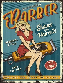 Modrá nástenná kovová ceduľa Barber - 25*1*33 cm