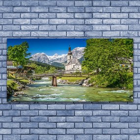 Obraz na akrylátovom skle Kostol most jazero príroda 120x60 cm