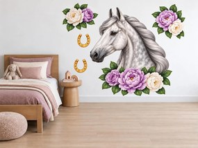Grošák s fialovými pivóniami pastelové nálepky s koňom a pivóniami na stenu arch 35 x 46 cm