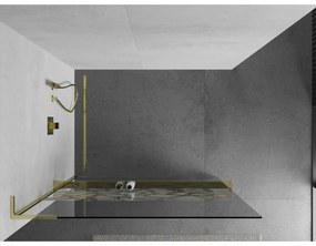 Mexen Kioto+ L, sprchová zástena Walk-In s poličkou a vešiakom 90 x 200 cm, 8mm číre sklo biely vzor, zlatý lesklý profil,800-090-123-50-85