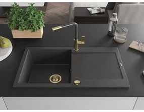 Mexen Leo, 1-komorový granitový drez 900x500x190 mm a drezová batéria Flora, čierna škvrnitá, 6501-76-670401-75-G