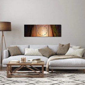 Obraz jesenného lesa v hmle (s hodinami) (90x30 cm)