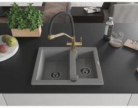 Mexen Carlos, 1,5-komorový granitový drez 582x475x177 mm a drezová batéria Duo, šedá, 6518-71-671701-57-B