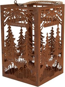 Rustikálny hrdzavý lampáš s tekvicami a stromčekmi - 19*19*30 cm