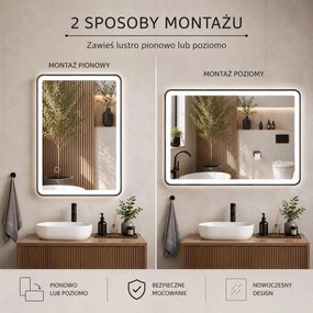 Erga Sari, LED zrkadlo v čiernom ráme s vyhrievaním a dotykovým ovládaním, 80 × 60 cm, čierna matná, ERG-YKA-MR.SARI-BLK-60X80