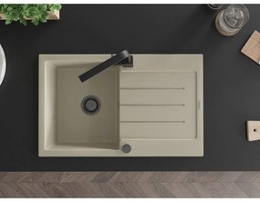 Mexen Bruno, drez granitový 795x495x200 mm, 1-komorový, béžová s čiernym sifónom a čierna drezová batéria Rita, 6513-69-670300-70