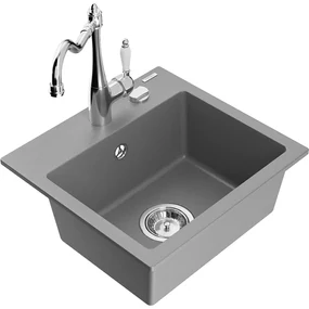 Mexen Milo, granitový drez 435x410x171 mm, 1-komorový a drezová batéria Carla, šedá, 6505-71-670700-00