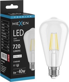 Mexen Vintis, LED filamentová žiarovka E27, ST64, 6 W, neutrálna biela 4000K, číra, L152-E27-0640-00