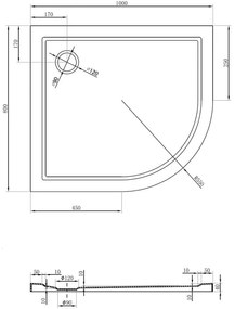 Mexen Flow, asymetrická štvrťkruhová sprchová vanička slim, ľavá 100 x 80 cm, biela lesklá, 46Q108010L