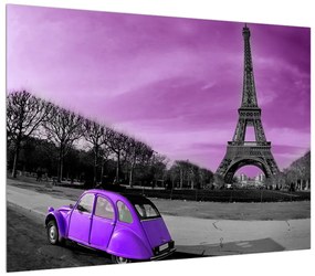 Obraz Eiffelovej veže a fialového auta (70x50 cm)