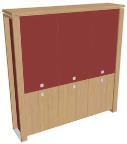 Vysoká skriňa Verno+ S 200 x 46 x 210 cm, kombinované dvere, dub svetlý / červená