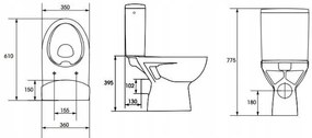 Cersanit Parva CleanOn, kombi wc so splachovaním 3/5l, horizontálny odtok, prívod vody z boku a antibakteriálnym sedátkom z duroplastu, biela, K27-063