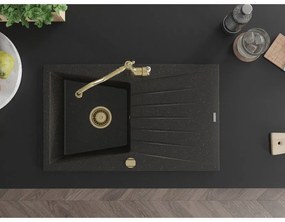 Mexen Cesar, 1-komorový granitový drez 775x470x190 mm a drezová batéria Carla, čierna-zlatá metalíza, 6514-75-670700-50