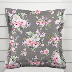 Biante Bavlnená obliečka na vankúš s lemom Sandra SA-553 Ružové kvety na sivom 40 x 40 cm