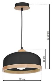 Závesné svietidlo Studio, 1x drevené/čierne kovové tienidlo, (fi 32cm), b/br