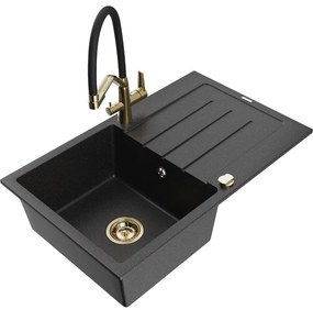 Mexen Bruno, 1-komorový granitový drez 795x495x200 mm a drezová batéria Duo, čierna-strieborná metalíza, 6513-73-671701-57-G