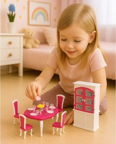 LEAN Toys Jedálenská súprava pre bábiky: stôl, stoličky, skrinka na riad