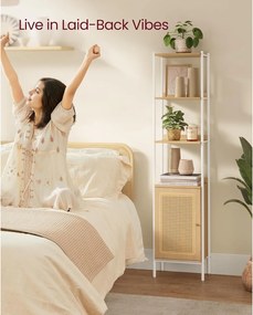 6-úrovňová knižnica, vysoká polica na knihy s dvierkami, farba dub a biela