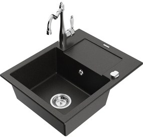 Mexen Enzo, granitový drez 576x465x174 mm, 1-komorový a drezová batéria Carla, čierna-zlatá metalíza, 6506-75-670700-00