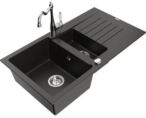 Mexen Matias, granitový drez 900x505x200 mm, 1,5-komorový a drezová batéria Carla, čierna-zlatá metalíza, 6502-75-670700-00
