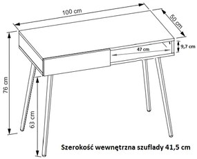 Písací stôl PETROF 1Z Alpská biela - čierne nožičky, orientácia ľavá