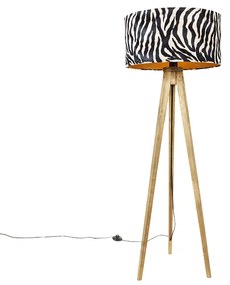 Vintage stojaca lampa drevený tienidlo zebra vzor 50 cm - Tripod Classic