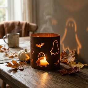 Rustikálny hrdzavý svietnik s duchmi Halloween - Ø 16*15 cm