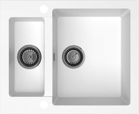 Sink Quality Ferrum, kuchynský granitový drez 605x495x210 mm + čierny sifón, biela, SKQ-FER.W.5KBO.XB