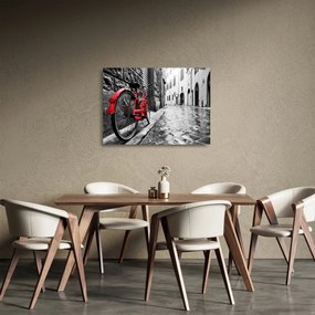 Sklenený obraz červeného kolesa na dláždenej ulici (70x50 cm)