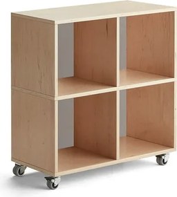 Drevená úložná skriňa RICO, s kolieskami, 4 priehradky, Š 800 mm, breza