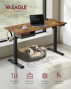 Elektrický výškovo nastaviteľný písací stôl so zásuvkou a zásuvkou, 140 x 60 cm, hnedo-čierny.