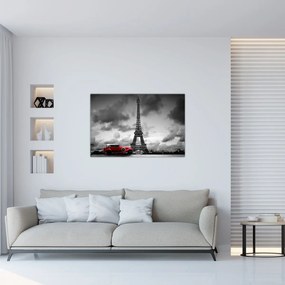 Obraz - Eiffelova veža a červené auto (90x60 cm)